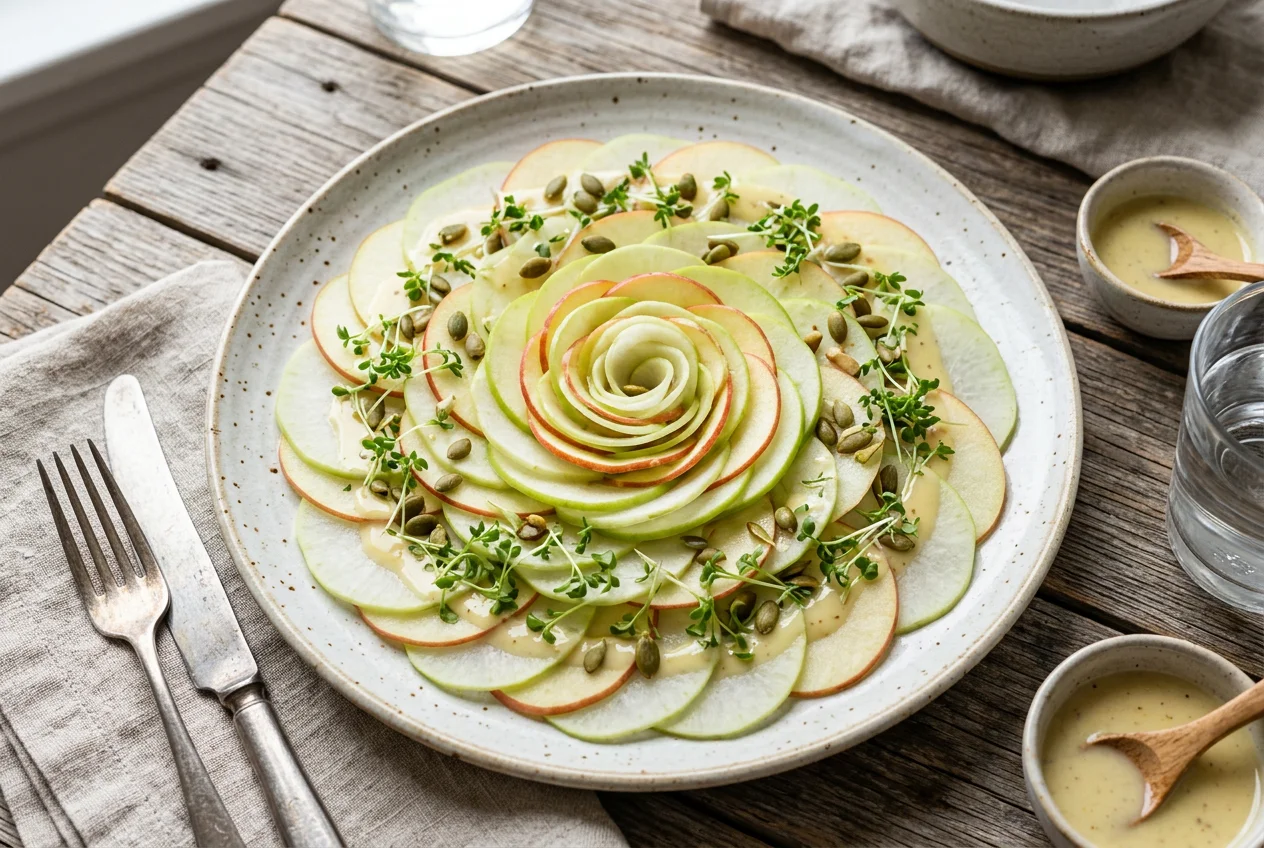Kohlrabi-Apfel-Carpaccio mit Kresse und Kürbiskernen