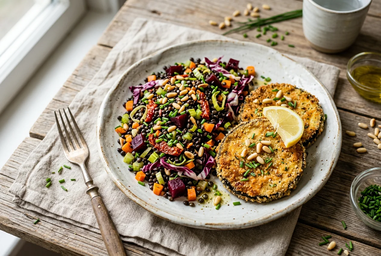 Beluga-Linsensalat mit Auberginen-Piccata
