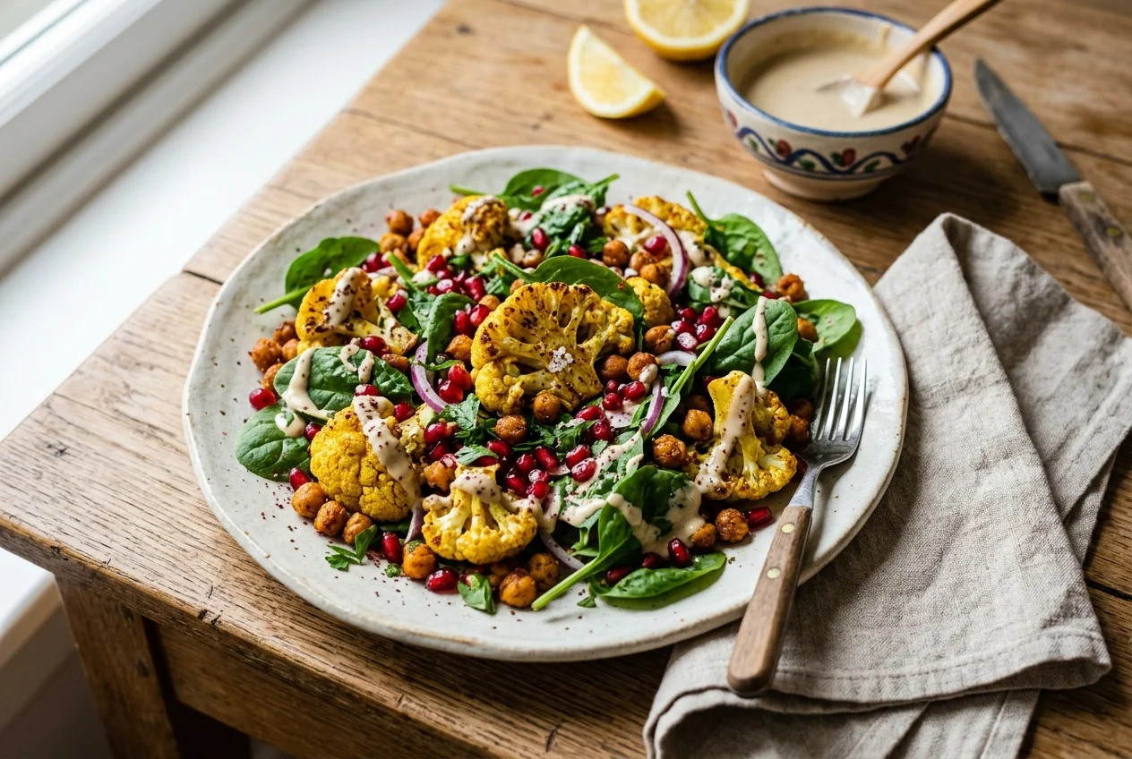 Blumenkohlsalat mit Spinat und Kichererbsen