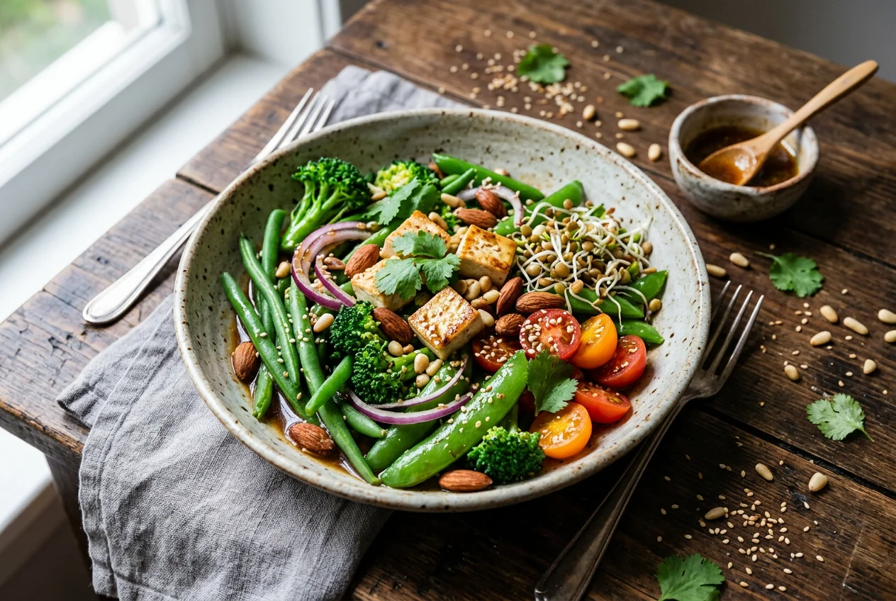 Lauwarmer Gemüsesalat mit Nüssen und Sprossen-Mix