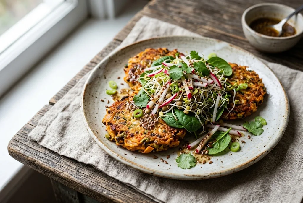 Mung-Dal-Kimchi-Pancakes mit Sprossensalat