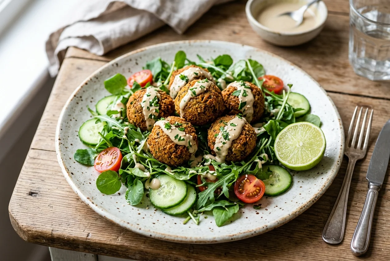Falafel auf buntem Wildkräutersalat