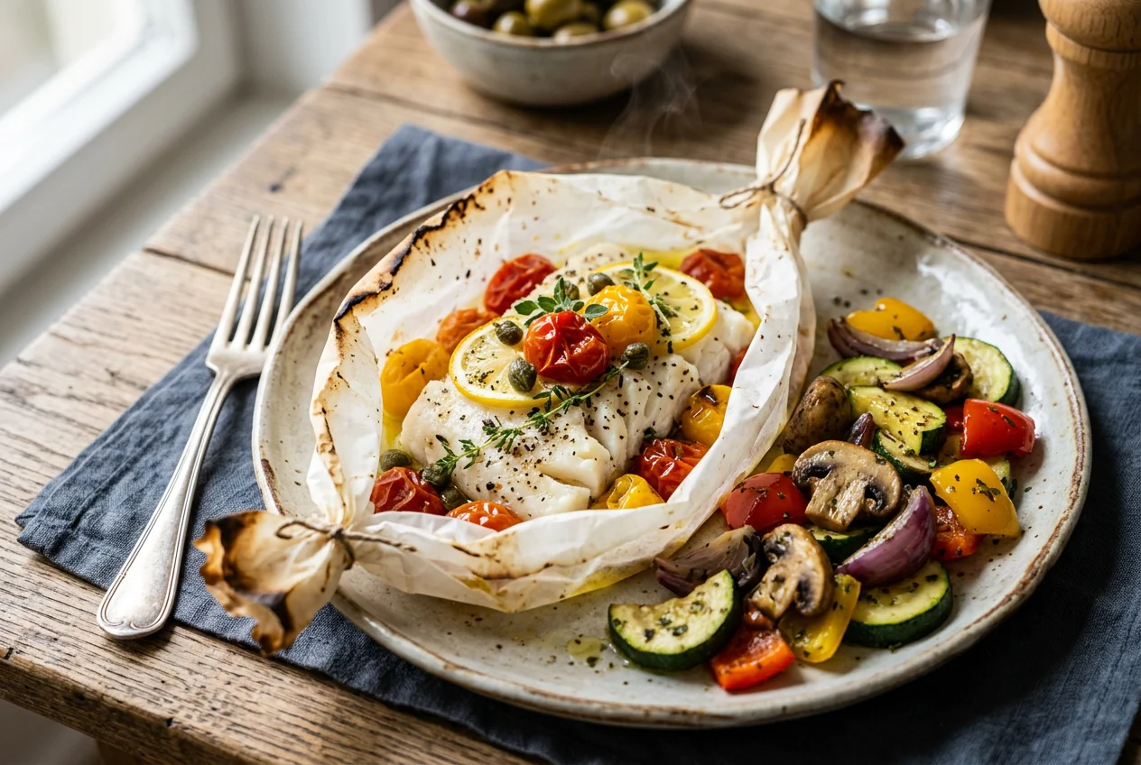 Kabeljaupäckchen mit buntem Pfannengemüse