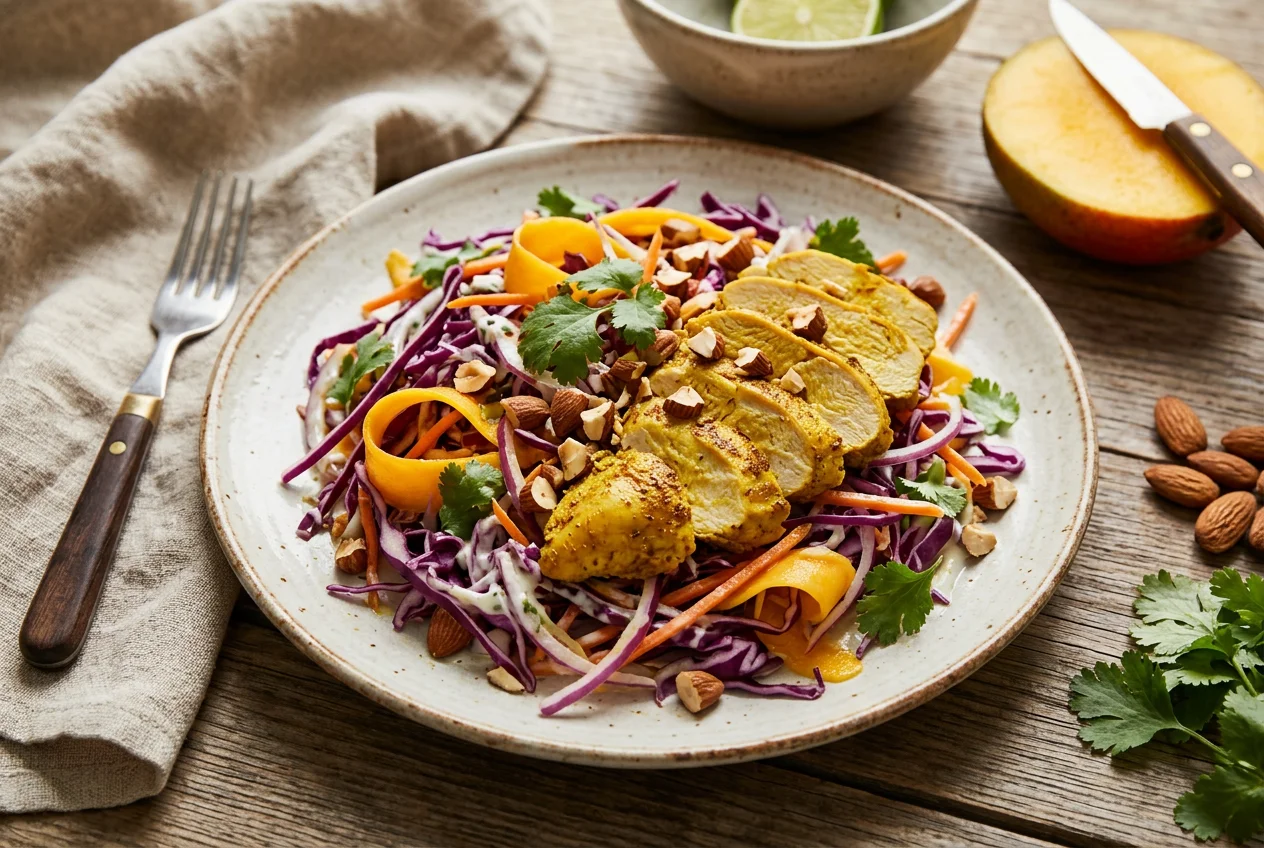 Curryhähnchen mit Rotkohl-Mango-Slaw