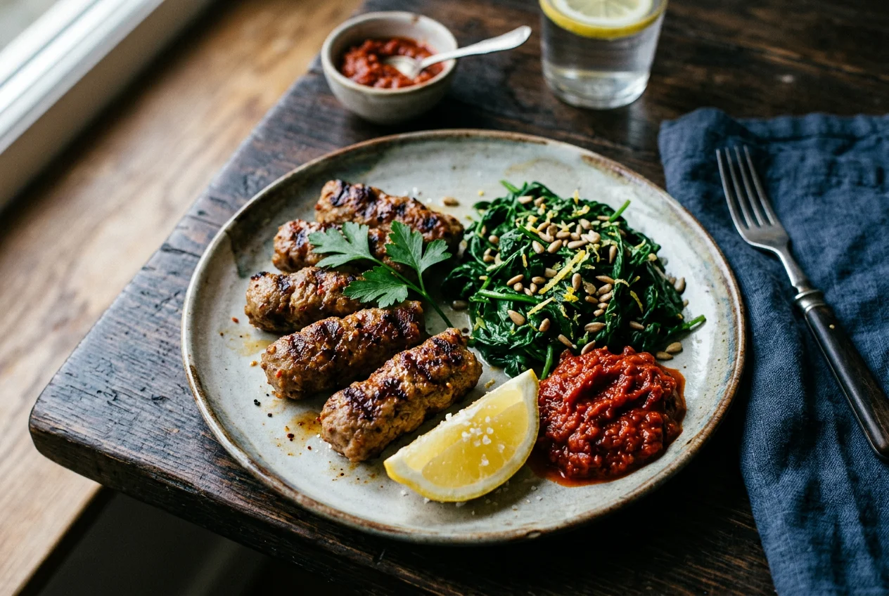 Cevapcici mit Ajvar und Zitronenspinat